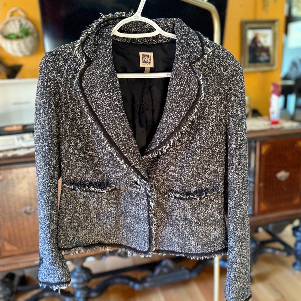Anne Klein Black and White Tweed Fringe-Trim Blazer